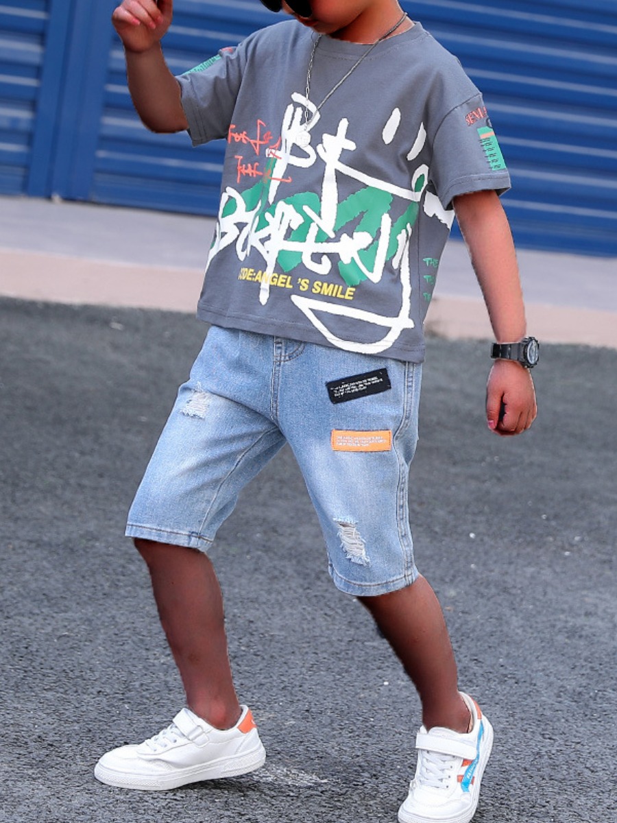 

Lovely Boy Street Graffiti Print Ripped Grey Two Piece Shorts Set