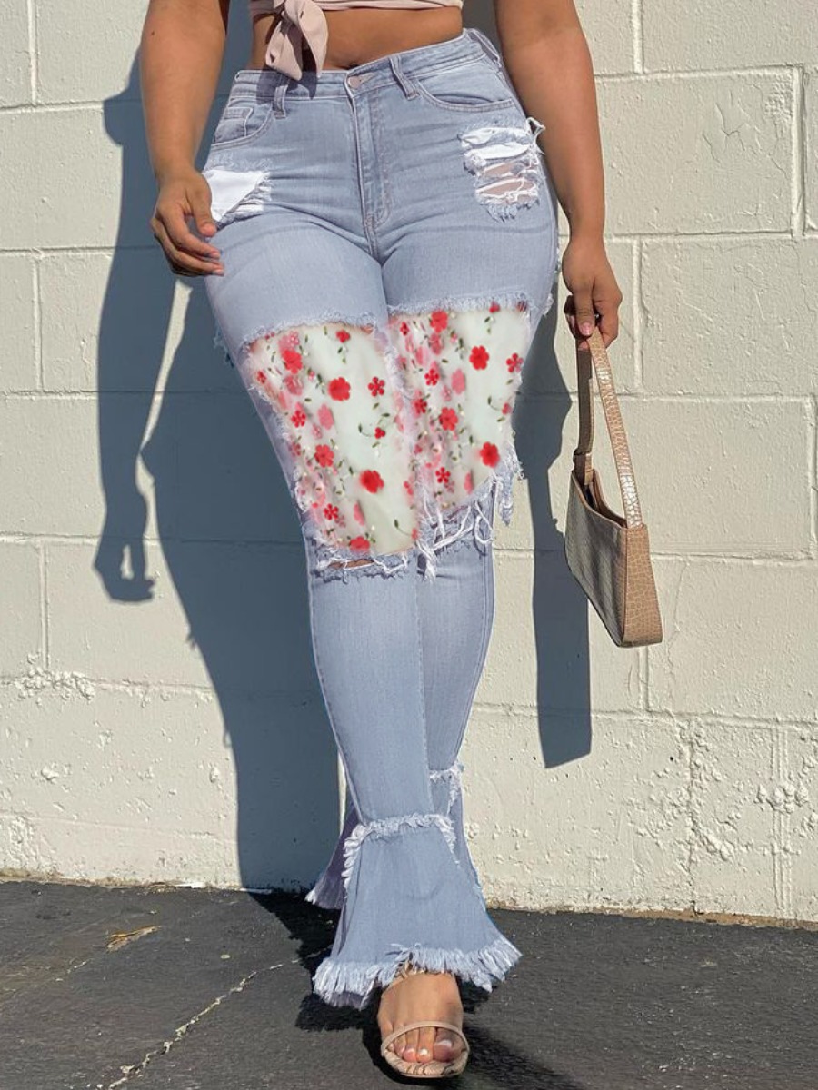 

LW Sweet Floral Print Ripped Flared Baby Blue Jeans