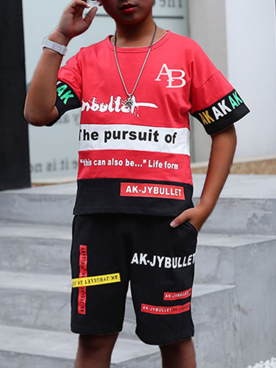 

Lovely Boy Street Letter Print Patchwork Red Two Piece Shorts Set