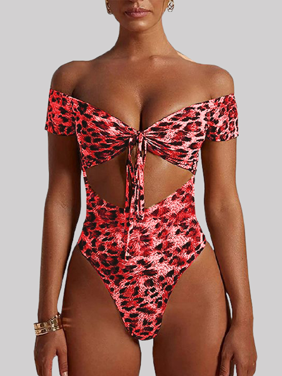 

Lovely Boho Leopard Print Bandage Hollow-out Design Red One-piece Swimsuit