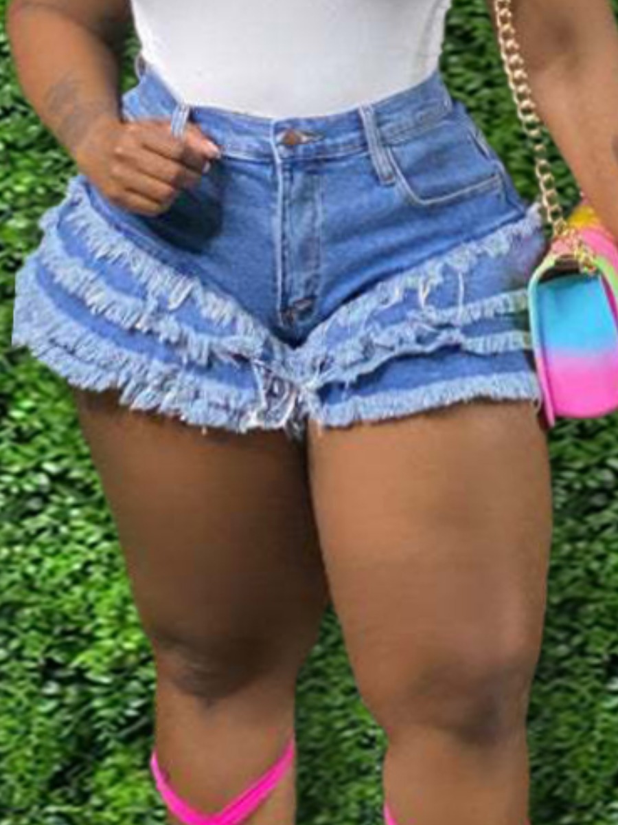 

Lovely Plus Size Casual Mid Waist Raw Edge Blue Denim Shorts