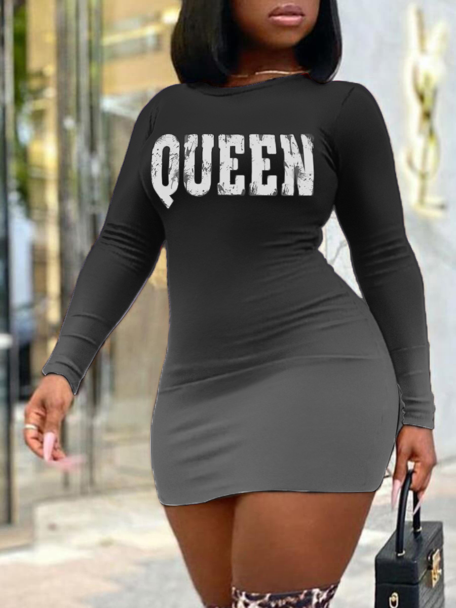 

Lovely Street Gradient Letter Print Black Mini Plus Size Dress