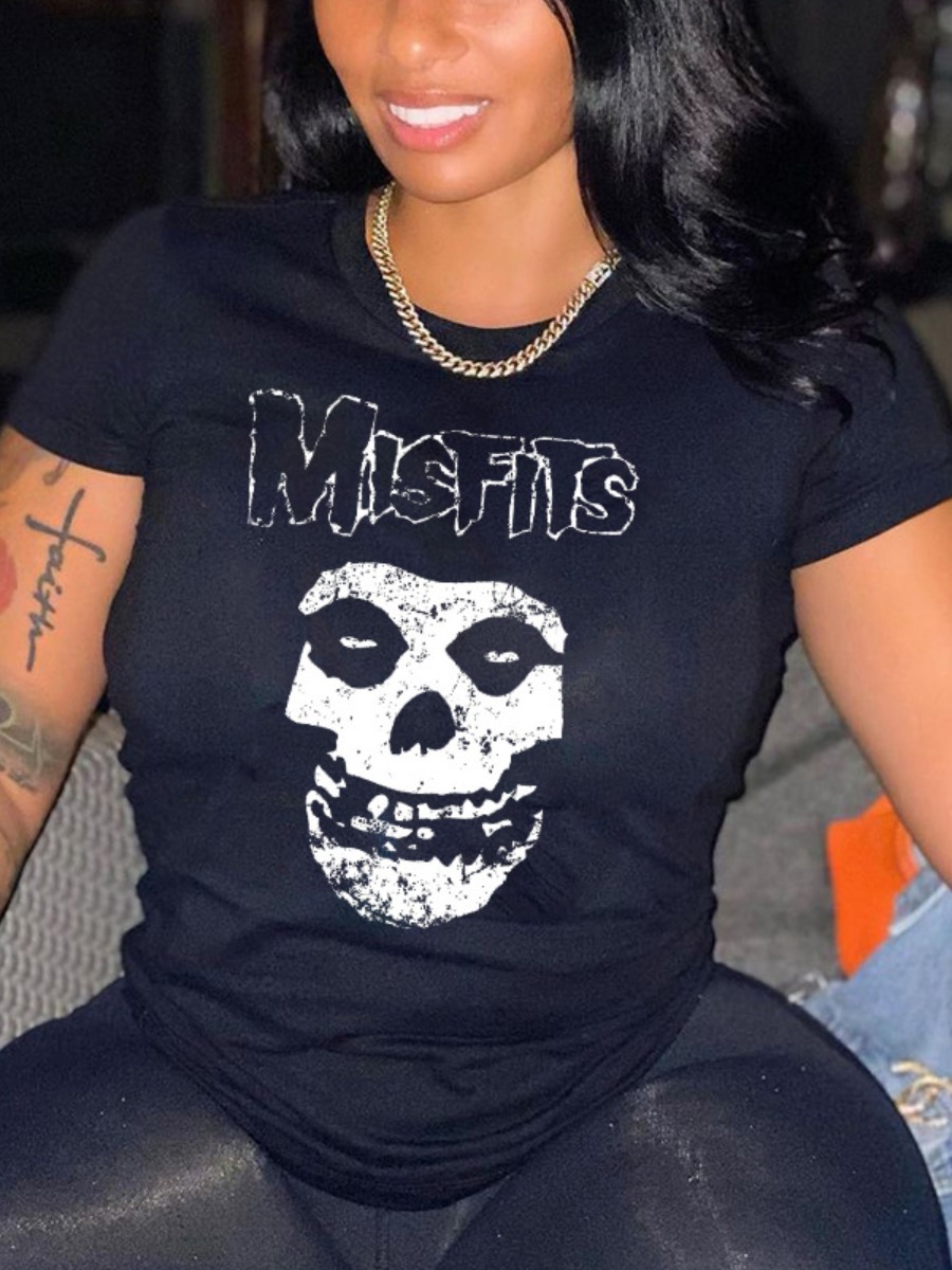 

Lovely Casual Skull Head Letter Print Black Plus Size T-shirt