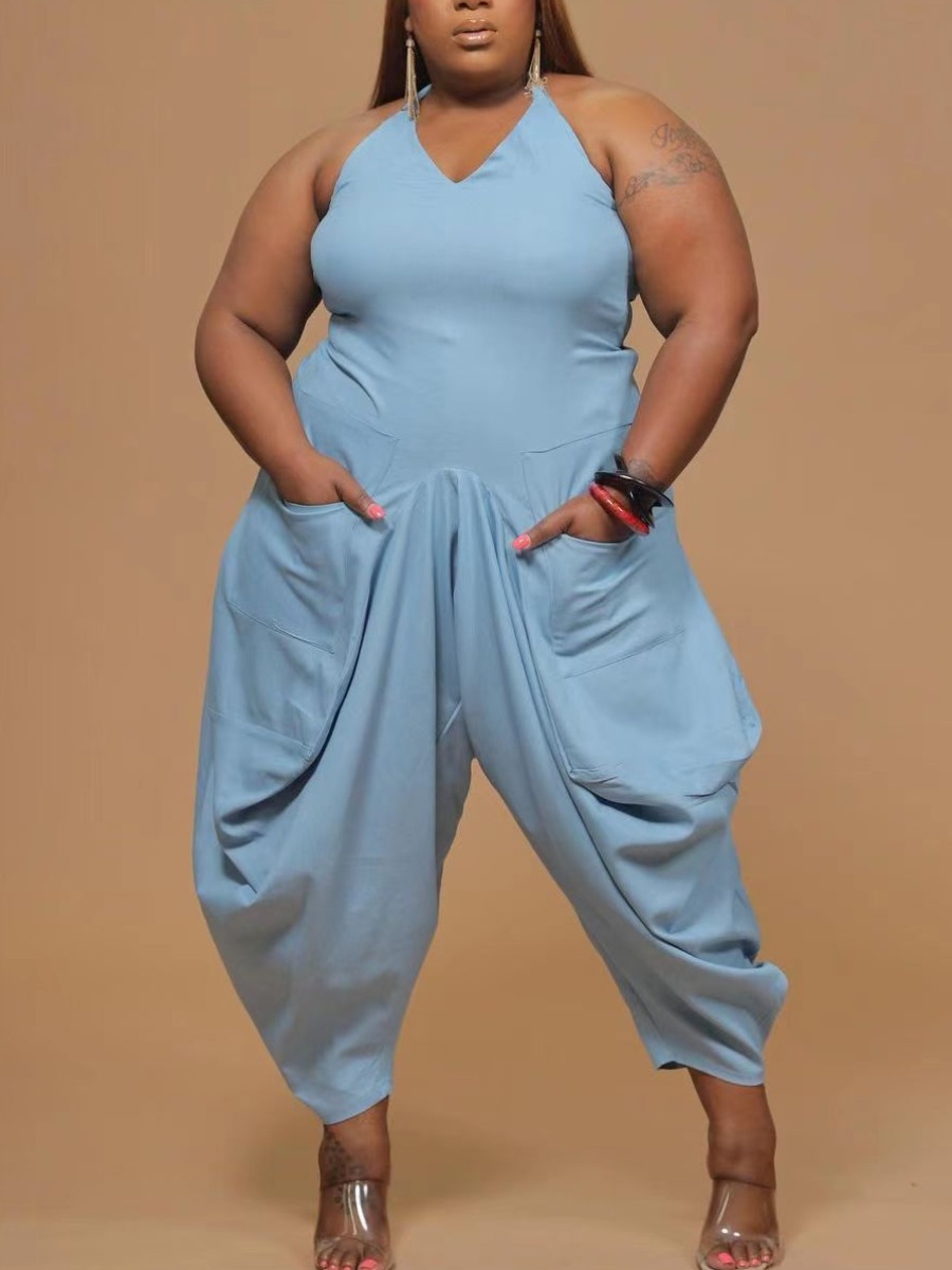 

Lovely Plus Size Casual V Neck Fold Design Baby Blue One-piece Jumpsuit