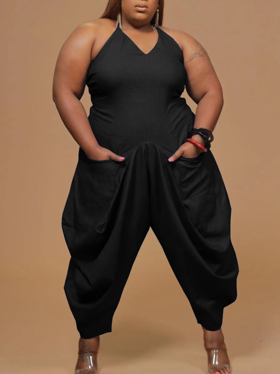 

Lovely Casual V Neck Fold Design Black Plus Size One-piece Jumpsuit