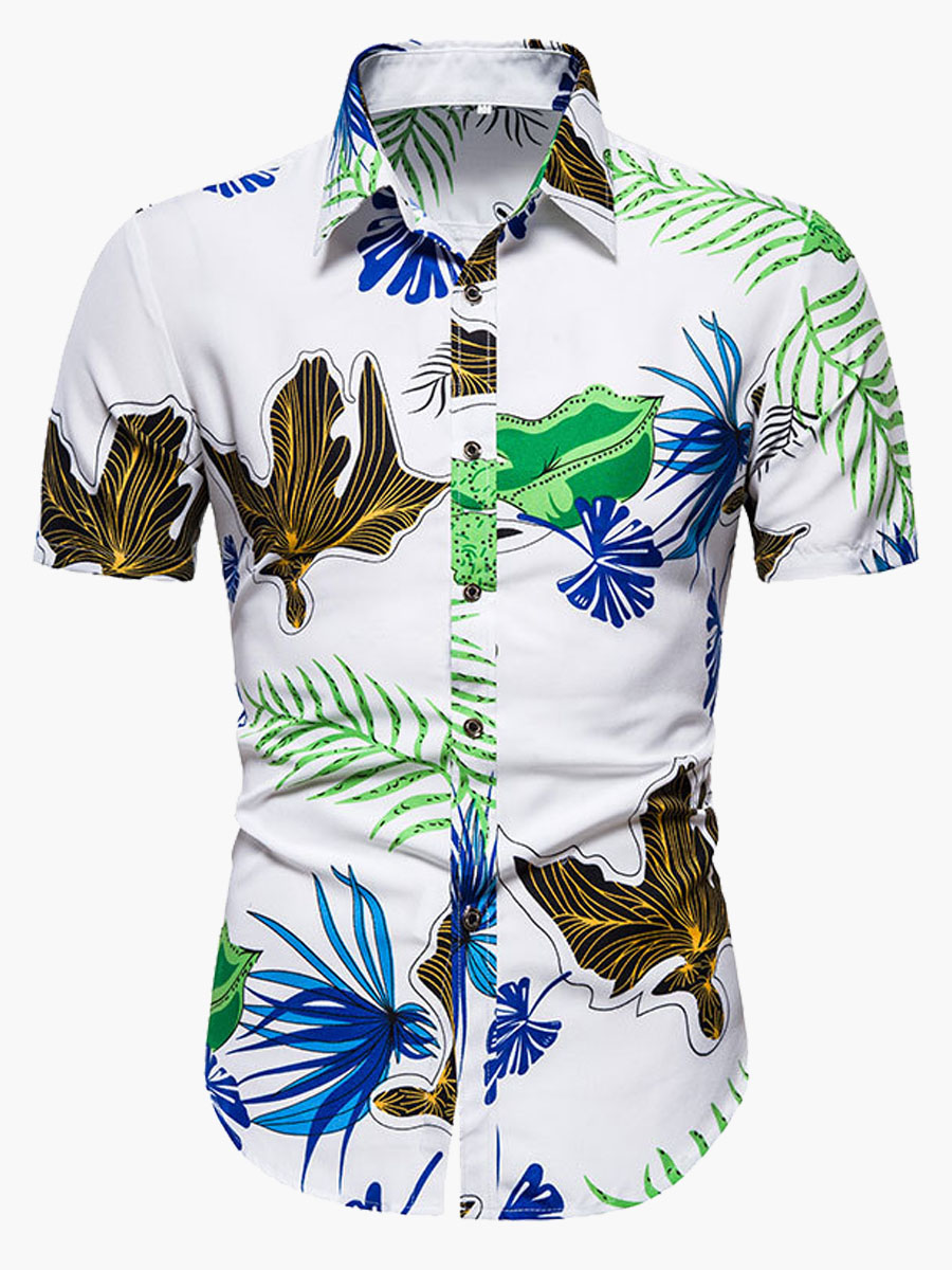 

Lovely Men Boho Turndown Collar Floral Print White Shirt