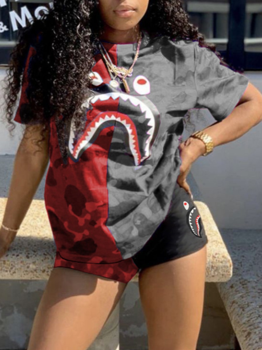 

Lovely Street Shark Camo Print Grey Two Piece Shorts Set