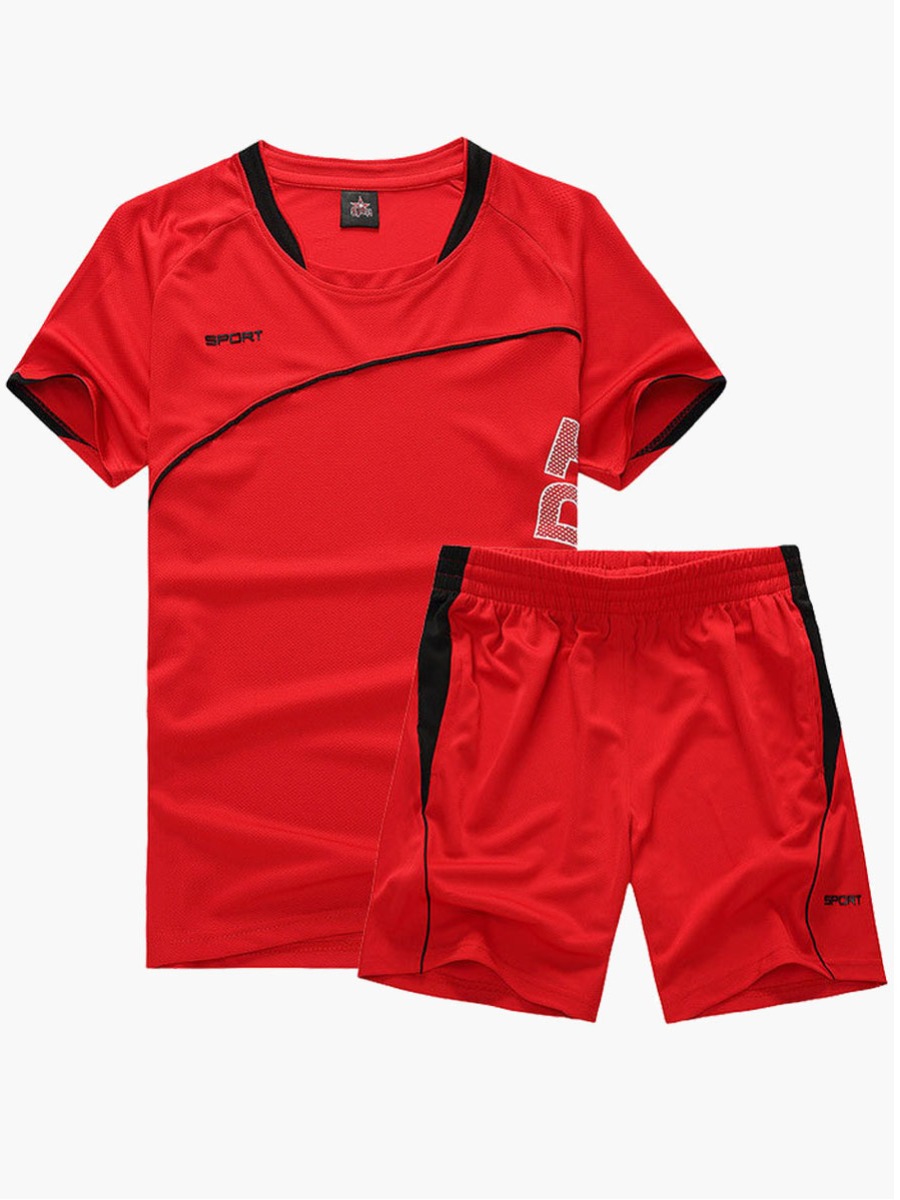 

Lovely Men Sporty Letter Print Patchwork Red Two Piece Shorts Set