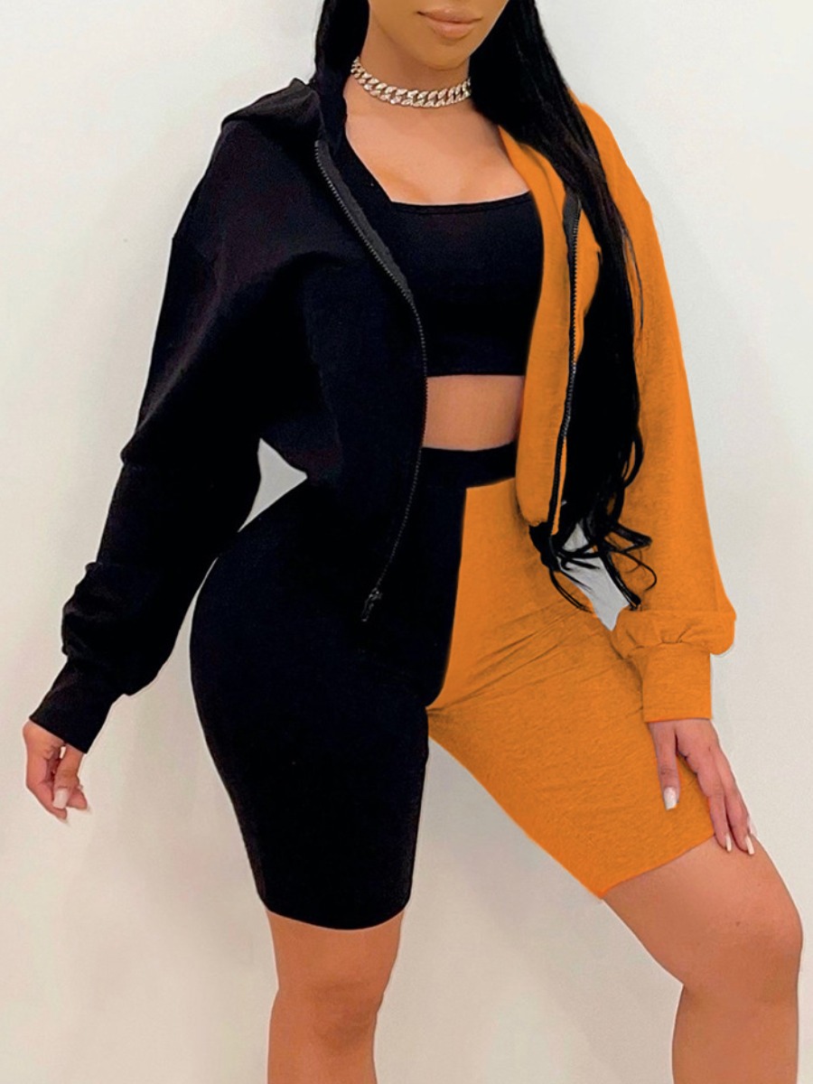 

Lovely Casual Hooded Collar Color-lump Croci Three Piece Shorts Set