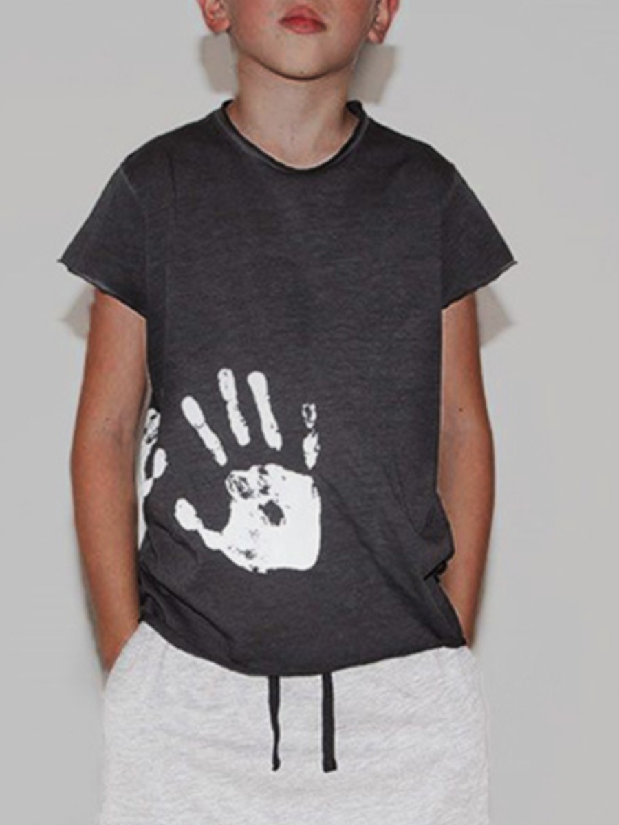 

Lovely Boy Casual O Neck Palm Print Black T-shirt