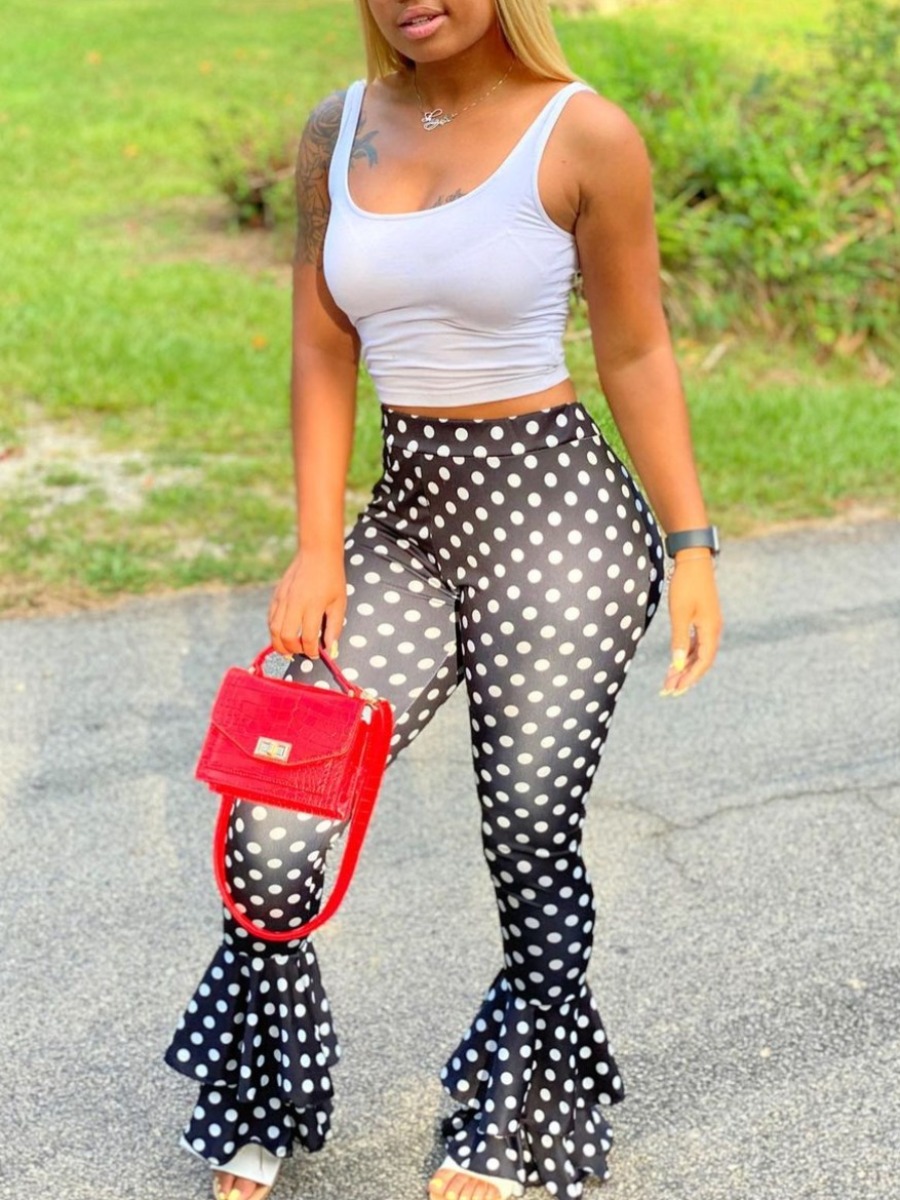 

Lovely Sweet U Neck Dot Print Flounce Design Black Two Piece Pants Set