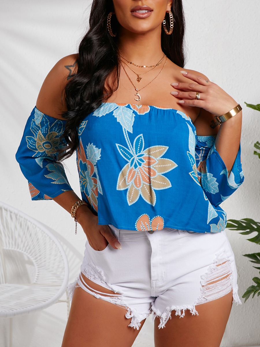 

Lovely Boho Off The Shoulder Floral Print Blue Blouse