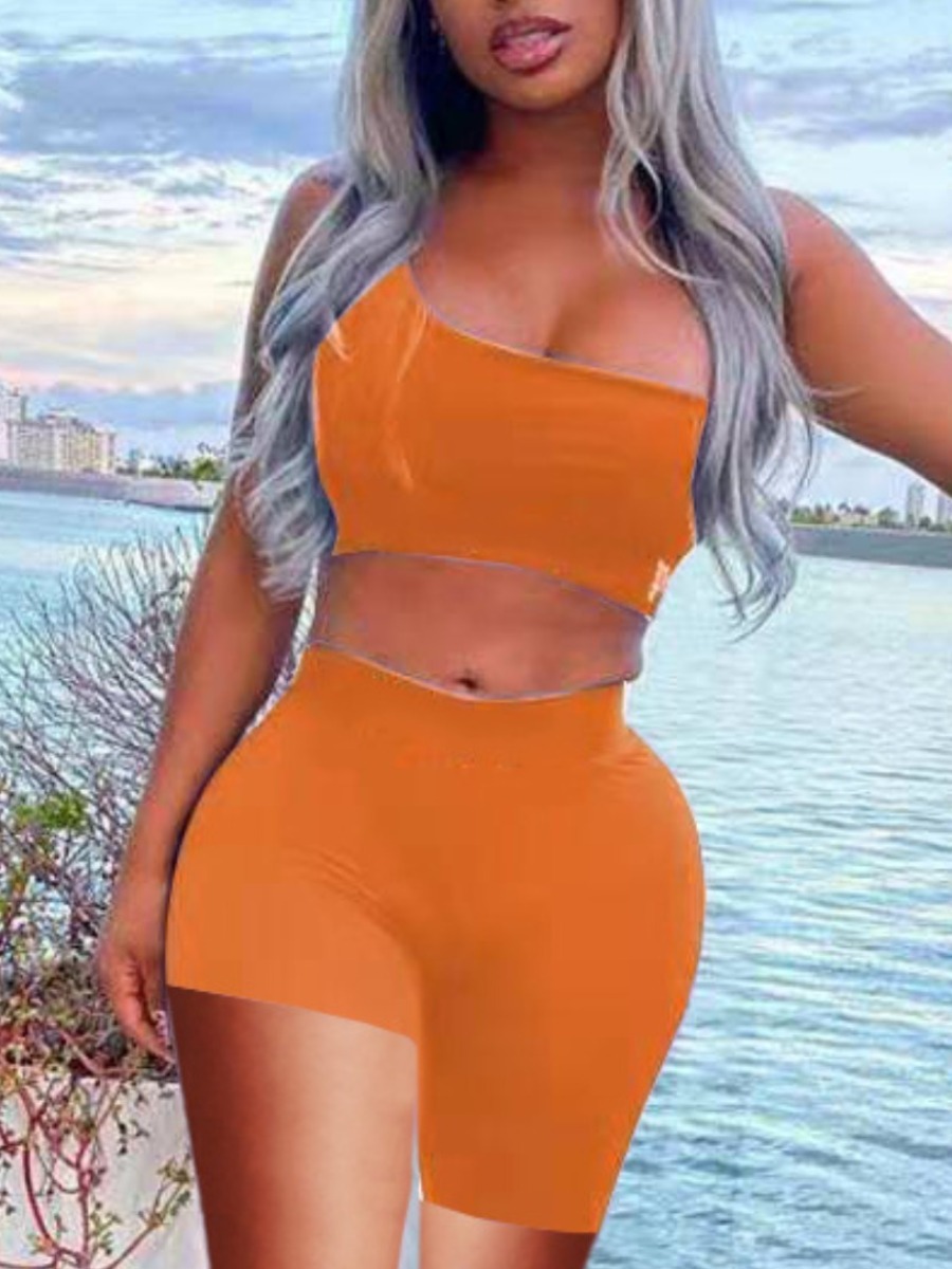 

Lovely Sporty One Shoulder Basic Skinny Croci Two Piece Shorts Set