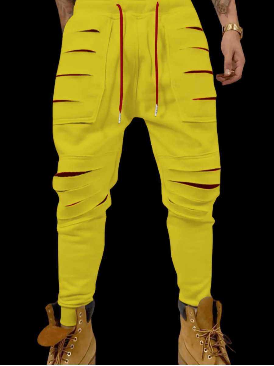 

Lovely Men Casual Ripped Drawstring Yellow Pants