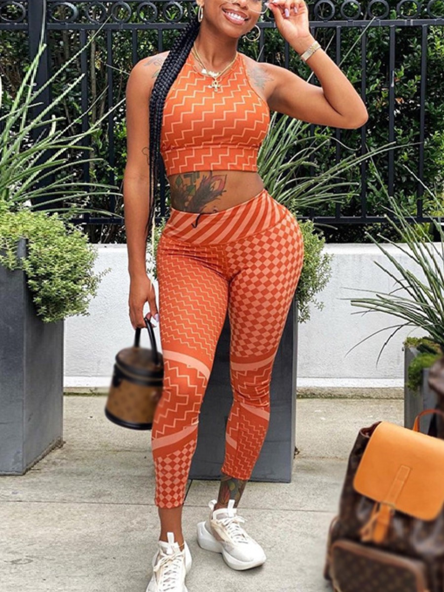 

Lovely Sporty O Neck Geometric Print Jacinth Yoga Two Piece Pants Set