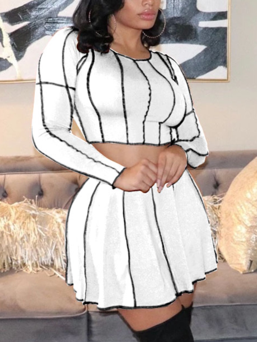 

Lovely Casual O Neck Striped Flounce Design White Two Piece Skirt Set