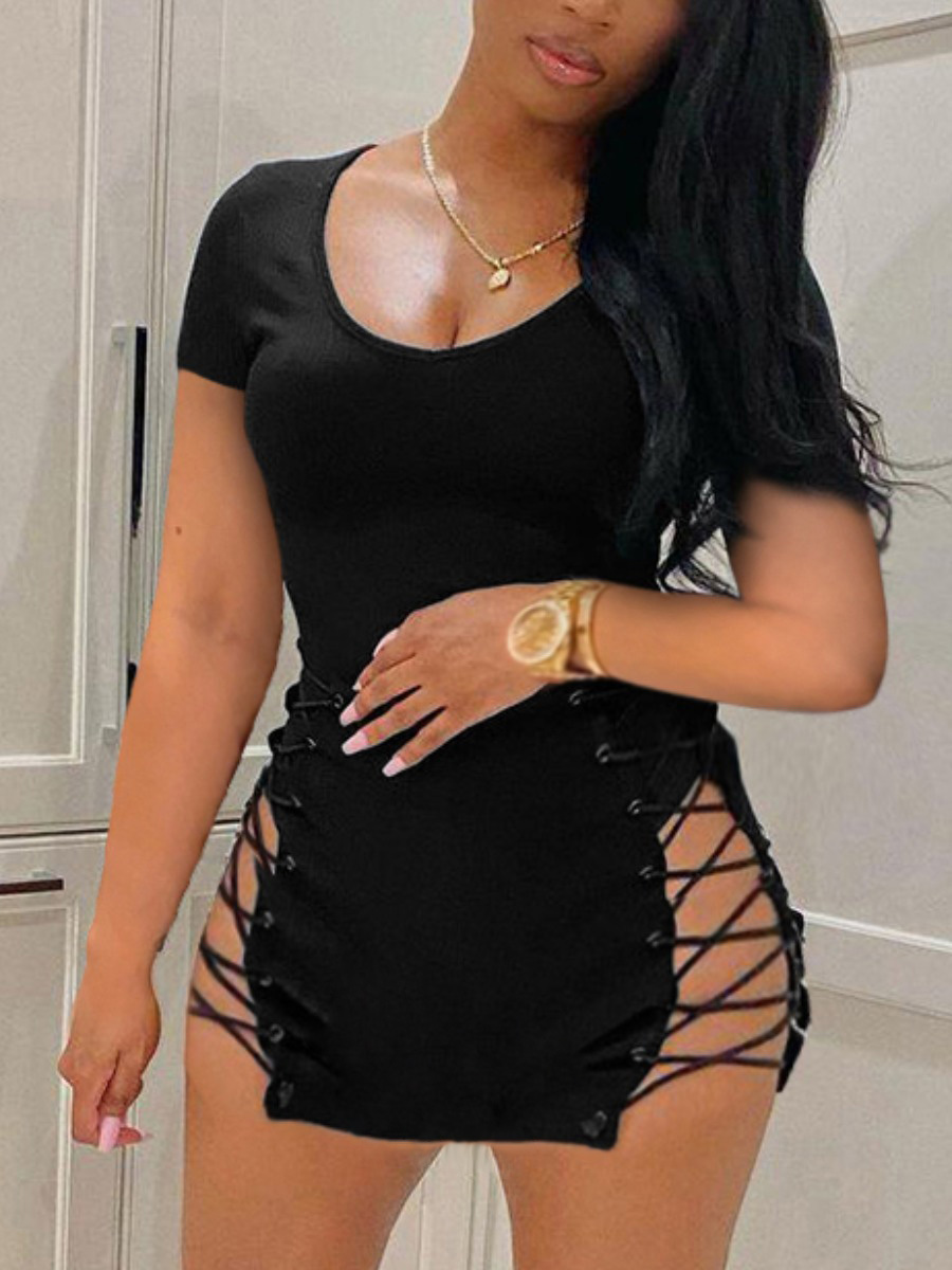 

Lovely Sexy Bandage Hollow-out Design Black Mini Dress