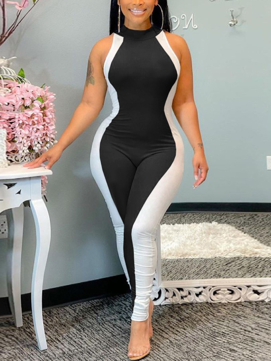 

Lovely Sporty O Neck Color-lump Black One-piece Jumpsuit