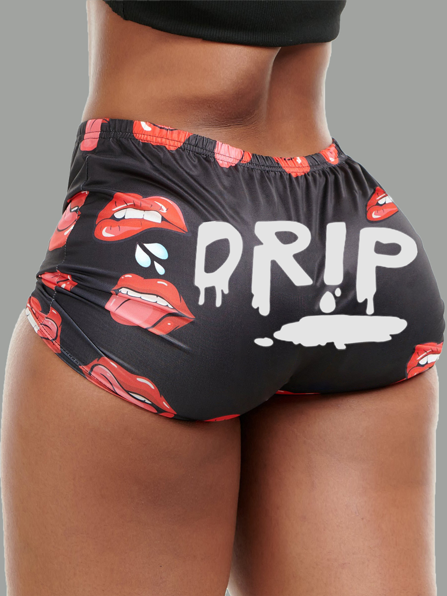 

Lovely Street Lip Letter Print Pitch-black Shorts