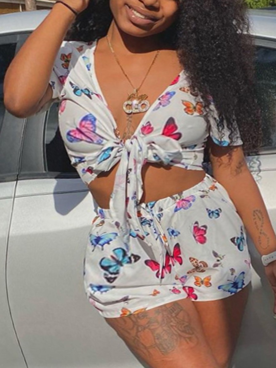 

Lovely Sweet Butterfly Print Bandage Design White Two Piece Shorts Set