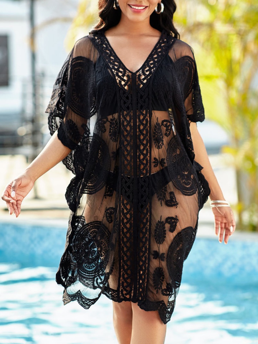

Lovely Boho V Neck See-through Black Cover-up