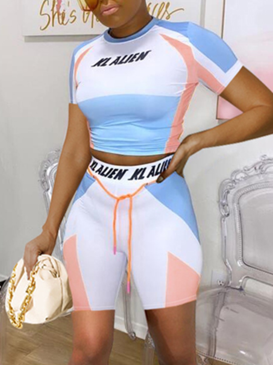 

Lovely Sporty Letter Print Color-lump White Yoga Two Piece Shorts Set