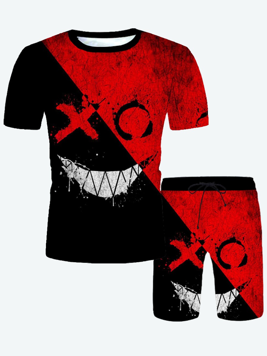 

Lovely Men Casual Graffiti Print Drawstring Red Two Piece Shorts Set