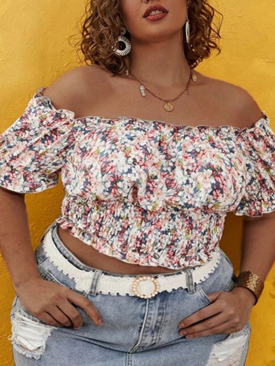 

Lovely Boho Floral Print Ruffle Design Multicolor Plus Size Blouse, Multi