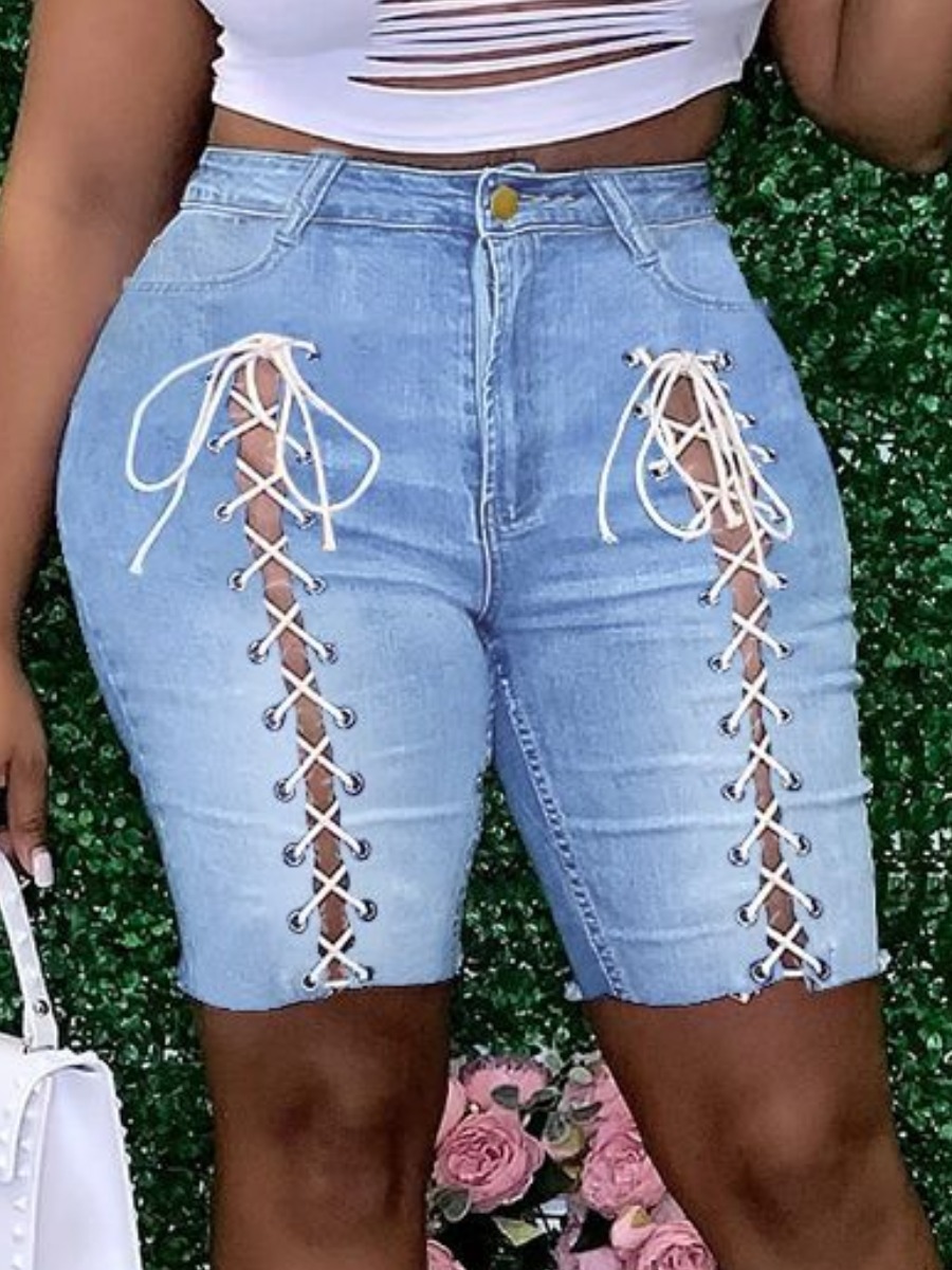 

Lovely Plus Size Street Bandage Hollow-out Design Baby Blue Denim Shorts