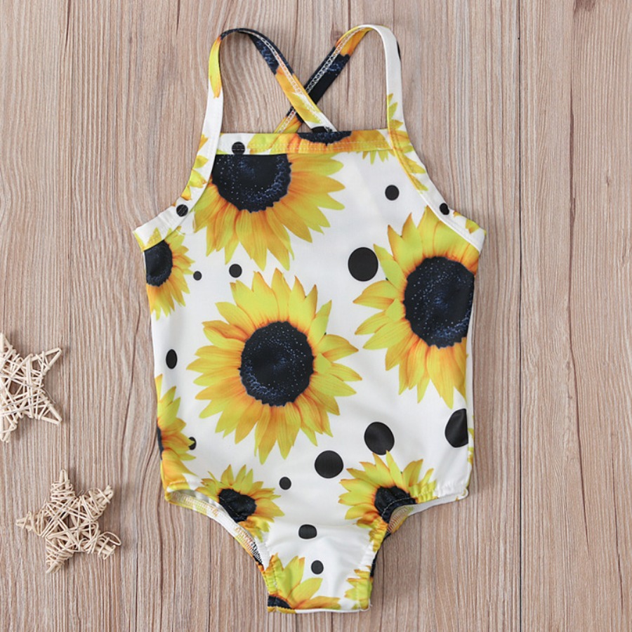 

Lovely Girl Sweet Floral Print Cross Strap Yellow One-piece Swimsuit