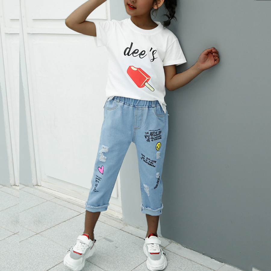 

Lovely Girl Casual Letter Print Ripped White Two Piece Pants Set