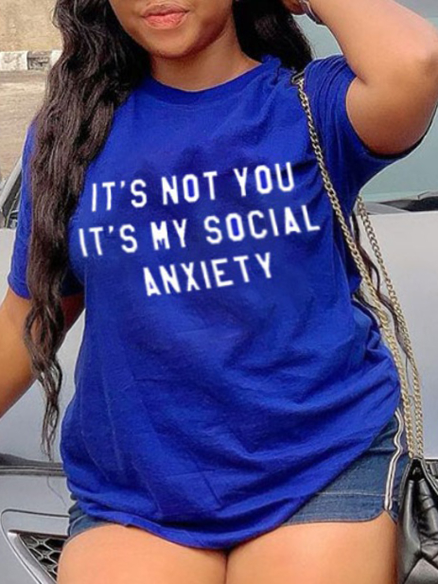 

Lovely Plus Size Casual O Neck Letter Print Royalblue T-shirt