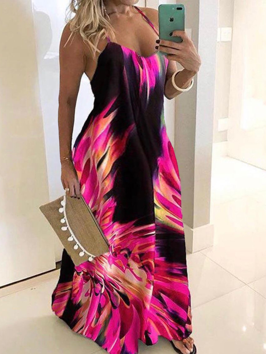 

Lovely Boho Print Patchwork Red Floor Length A Line Dress