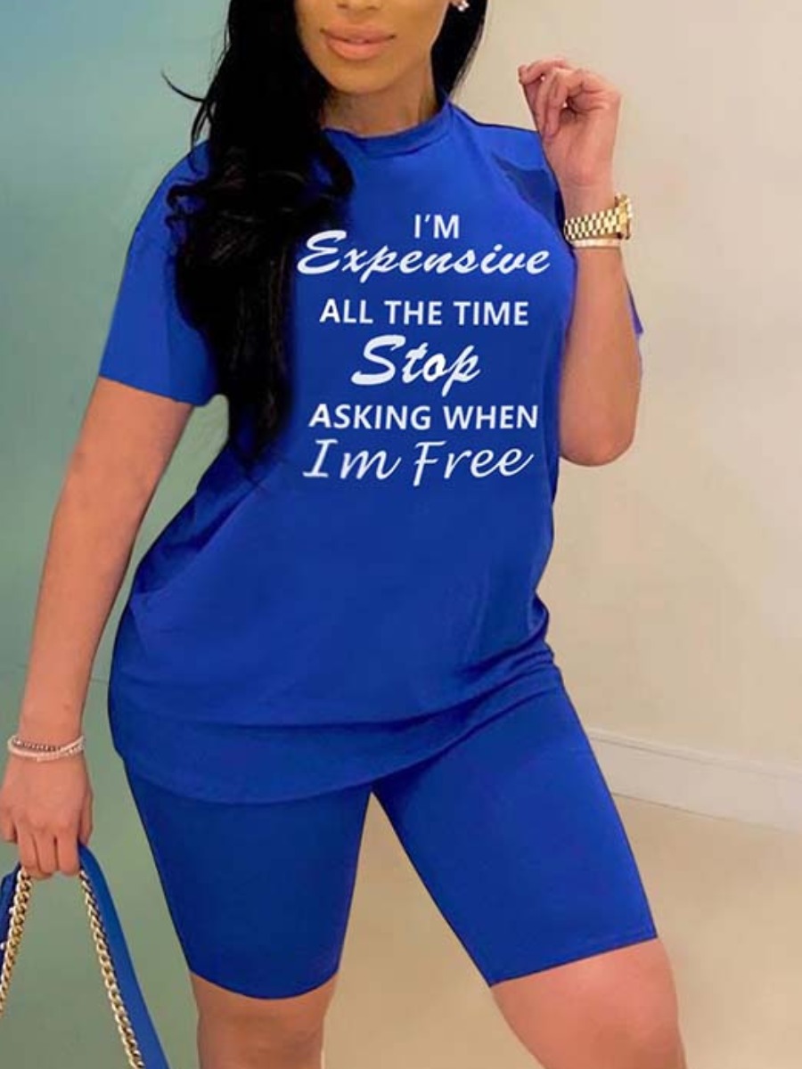 

Lovely Plus Size Casual O Neck Letter Print Blue Two-piece Shorts Set