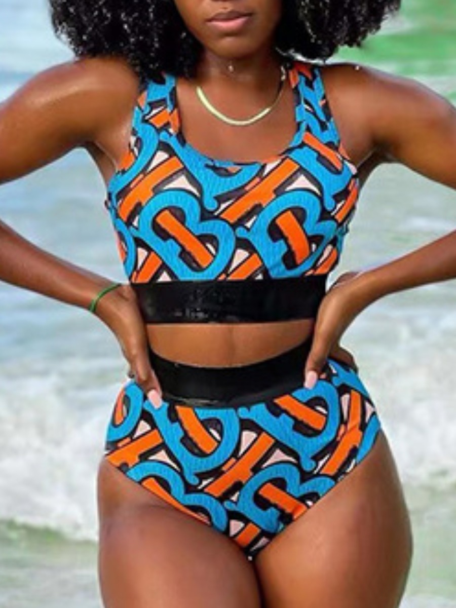 

Lovely Boho Letter Print Patchwork Blue Tankini