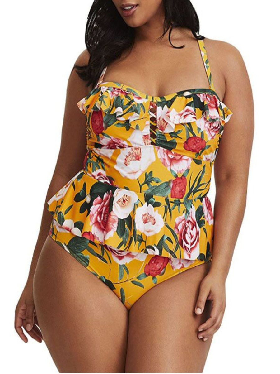 

Lovely Boho Floral Print Flounce Design Yellow Plus Size One-piece Swimsuit