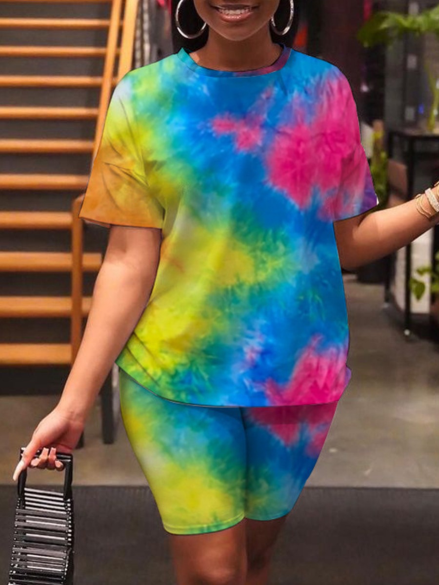 

Lovely Casual O Neck Tie Dye Blue Two Piece Shorts Set