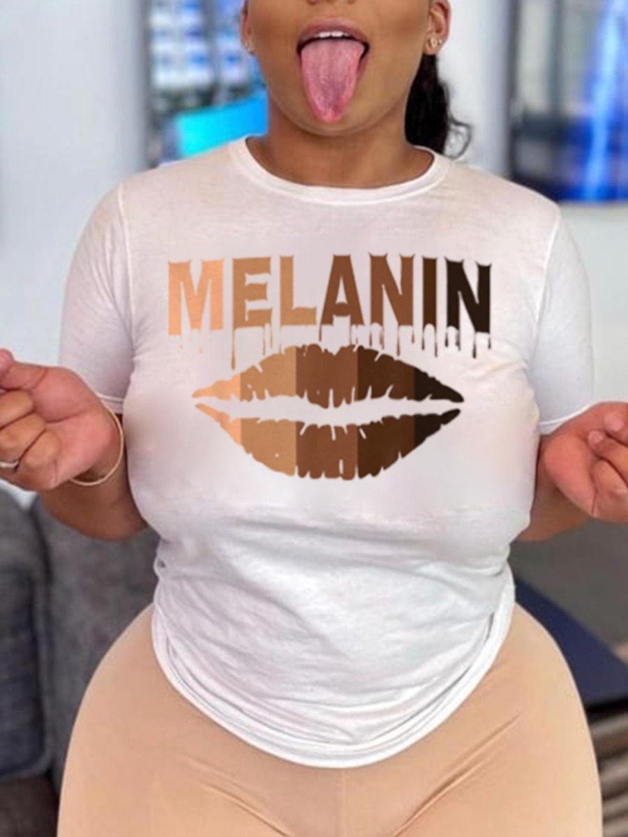 

LW Plus Size Casual Lip Letter Print White T-shirt