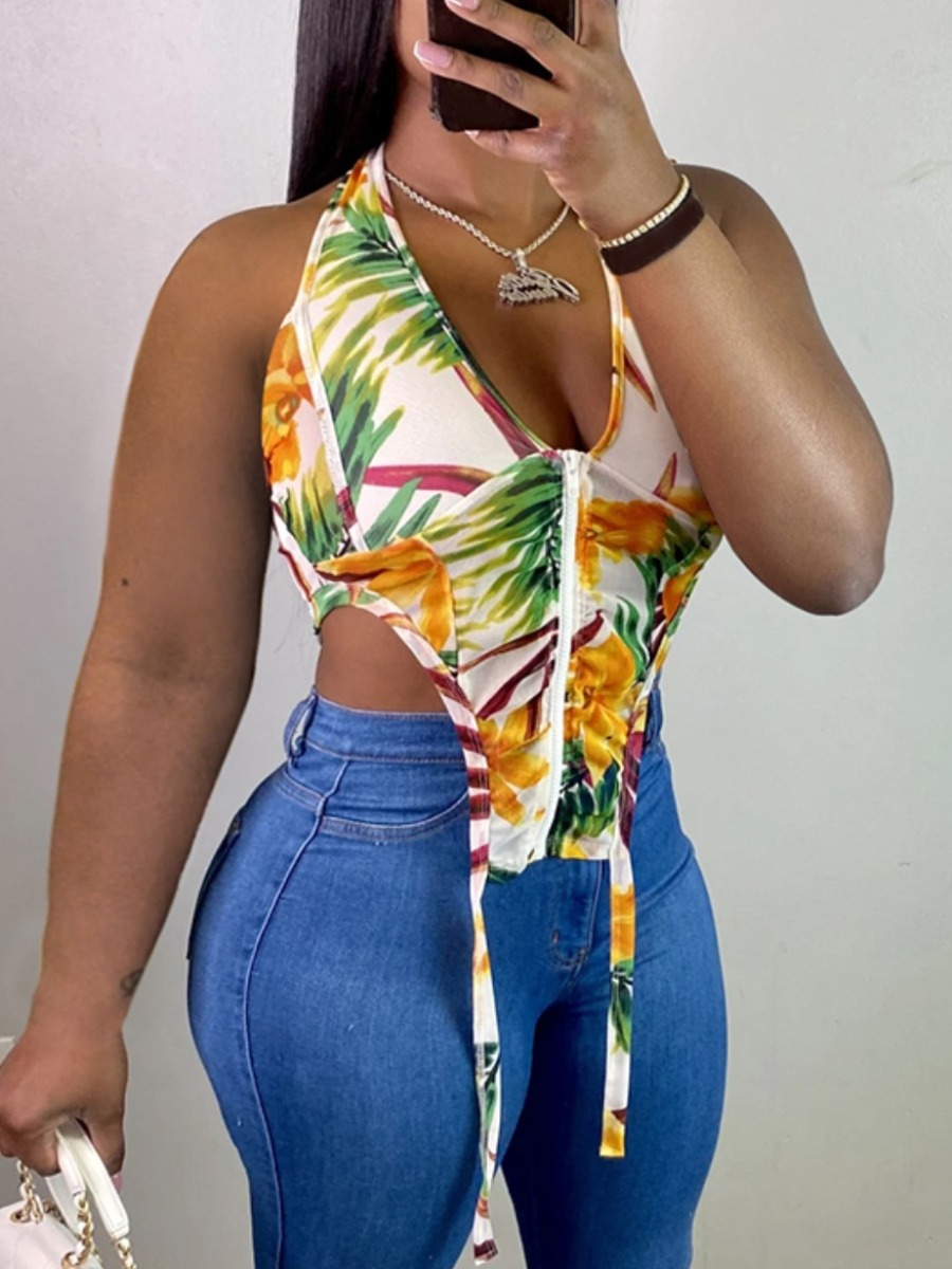 

Lovely Street Floral Print Asymmetrical White Camisole