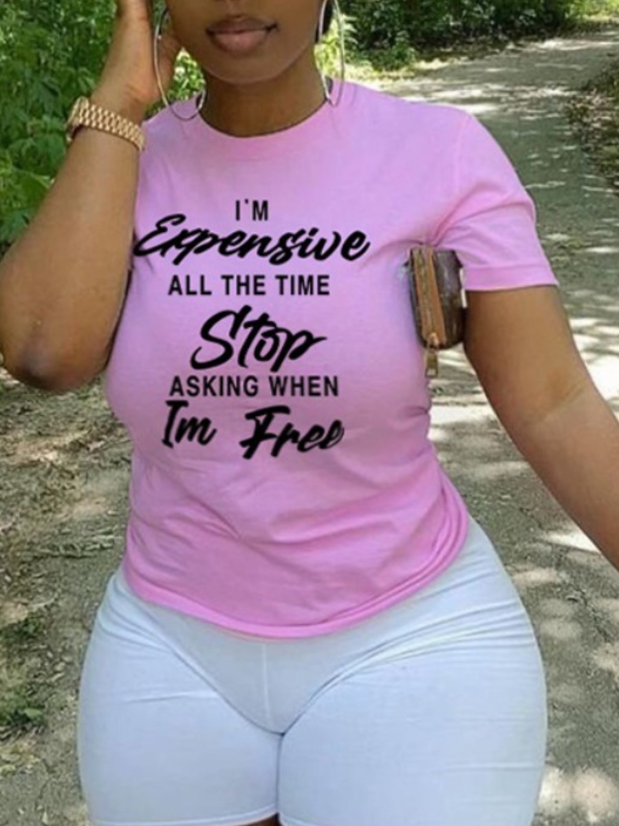 

Lovely Plus Size Casual O Neck Letter Print Pink T-shirt