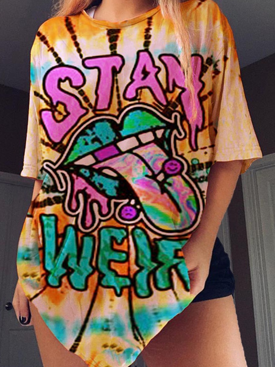 

Lovely Plus Size Street Tie-dye Letter Print Multicolor T-shirt, Multi