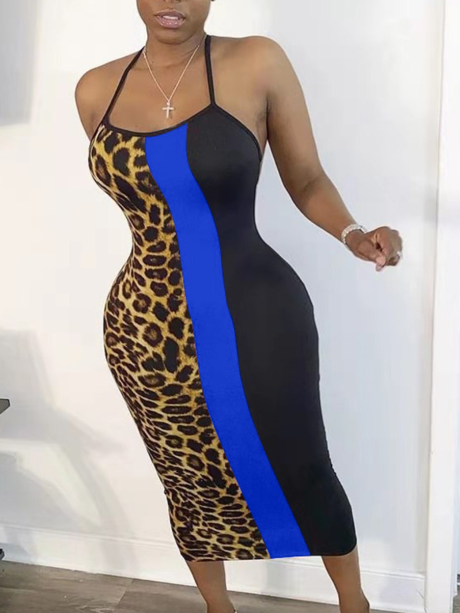 

Lovely Sexy Backless Leopard Print Blue Mid Calf Dress
