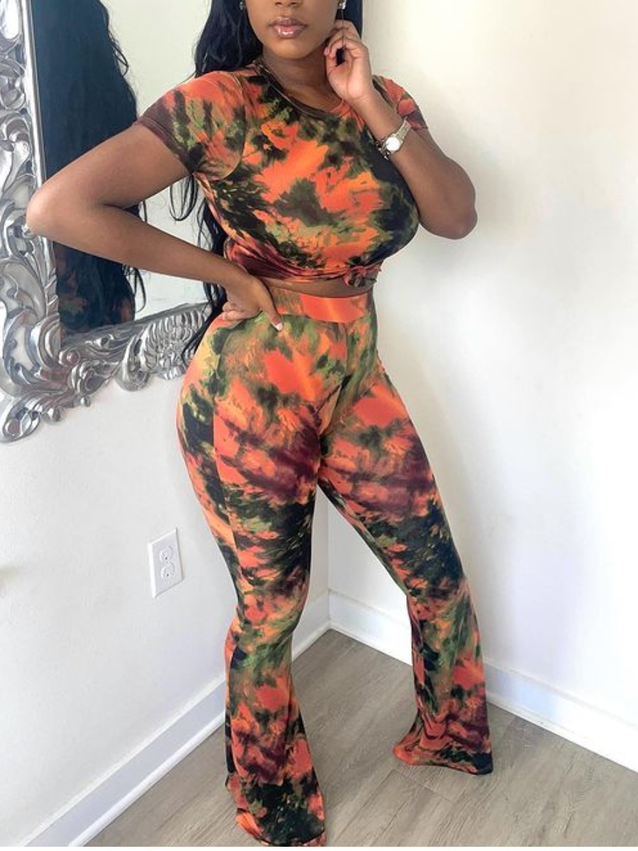 

Lovely Casual Tie Dye Flared Multicolor Two Piece Pants Set, Multi