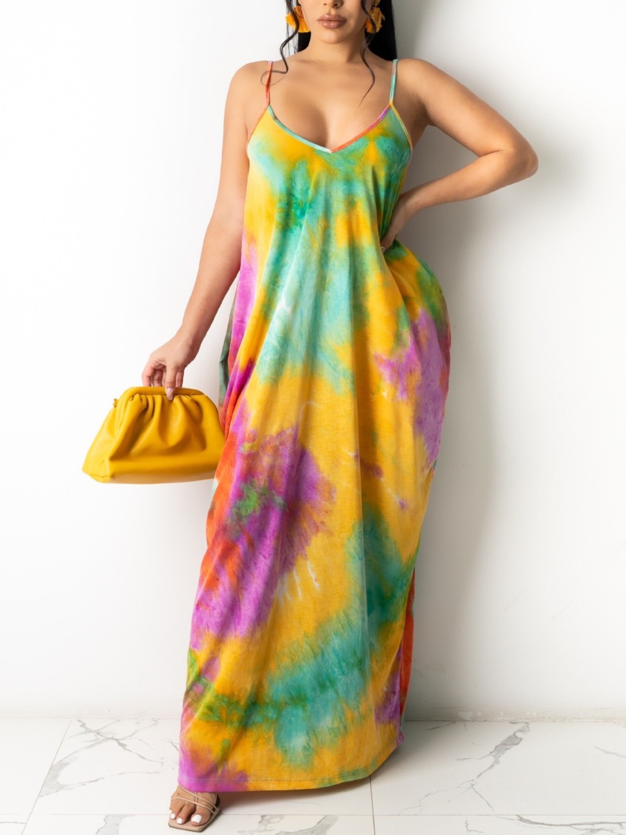 

Lovely Boho V Neck Tie-dye Multicolor Ankle Length Dress, Multi