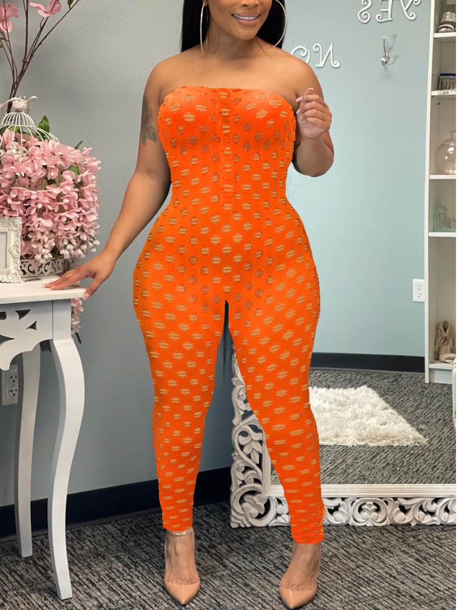 

Lovely Sexy Off The Shoulder Hollow-out Orange One-piece Jumpsuit