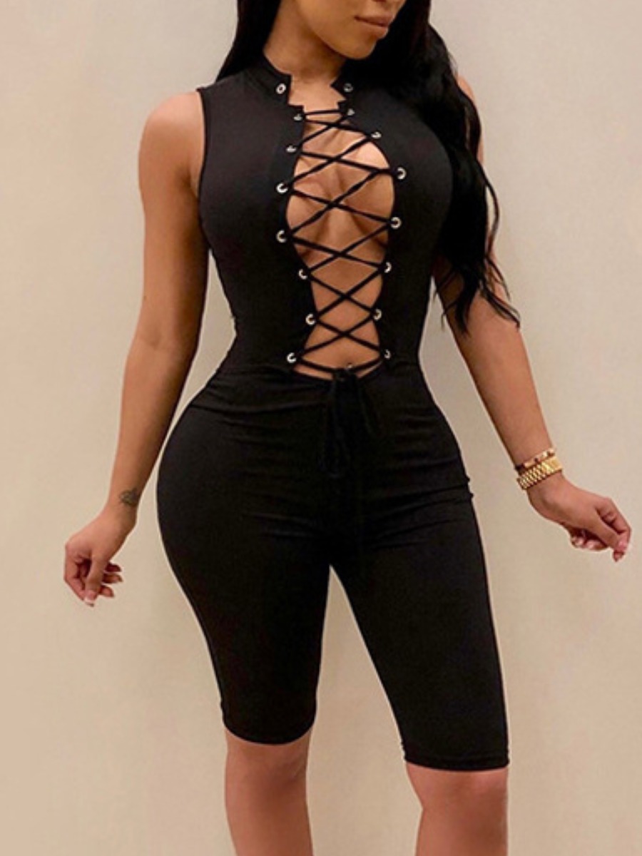 

Lovely Sexy Bandage Hollow-out Design Black One-piece Romper