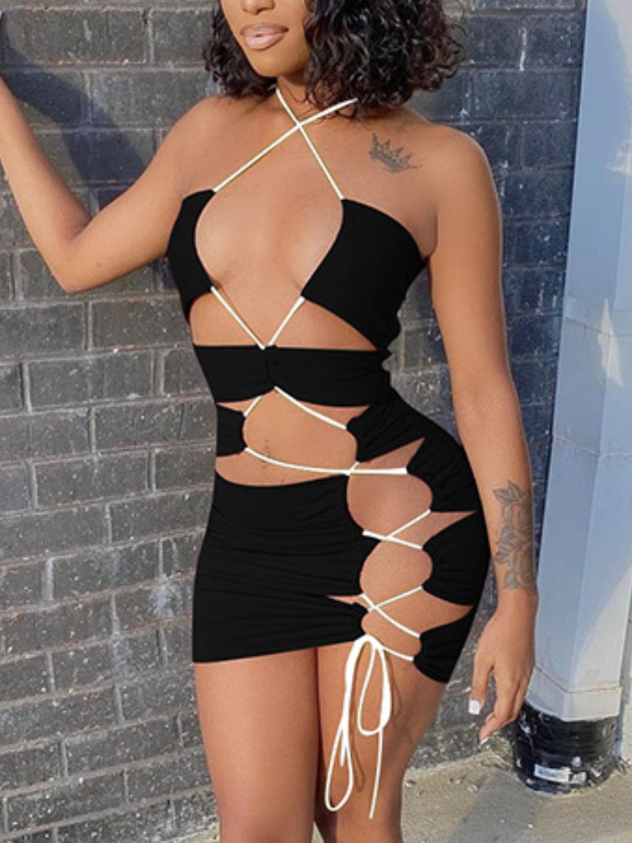 

Lovely Sexy Backless Bandage Hollow-out Design Black Mini Dress