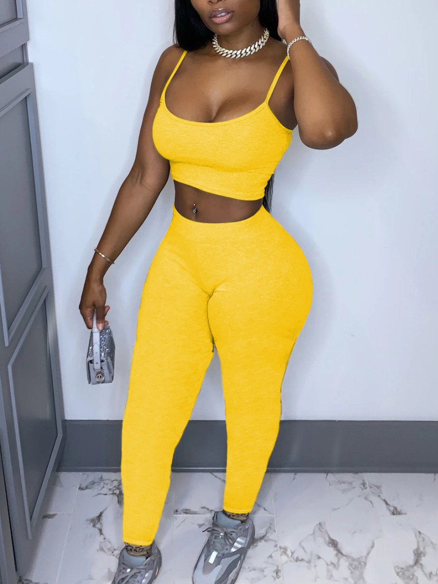 

Lovely Sporty U Neck Elastic Yellow Yoga Two Piece Pants Set