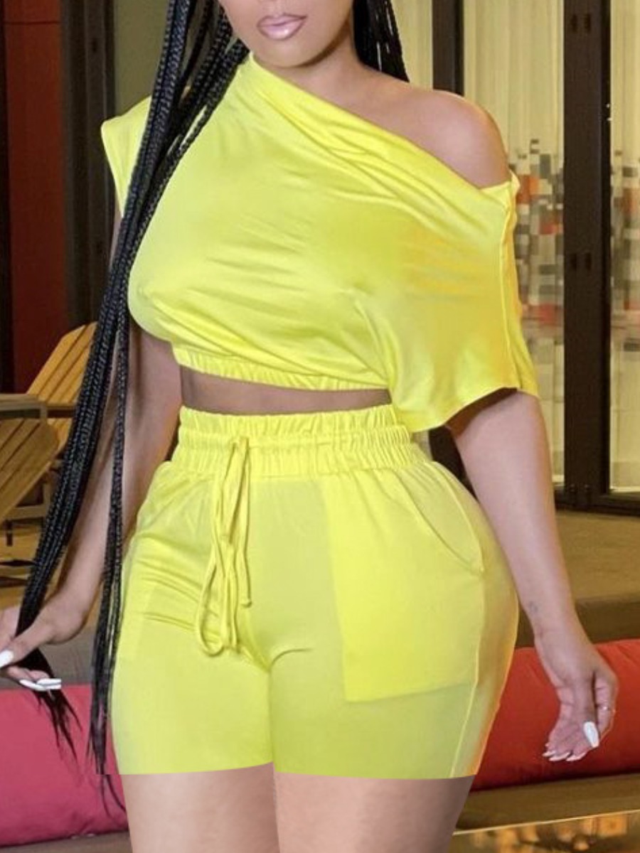 

Lovely Sweet Boat Neck Drawstring Yellow Two Piece Shorts Set