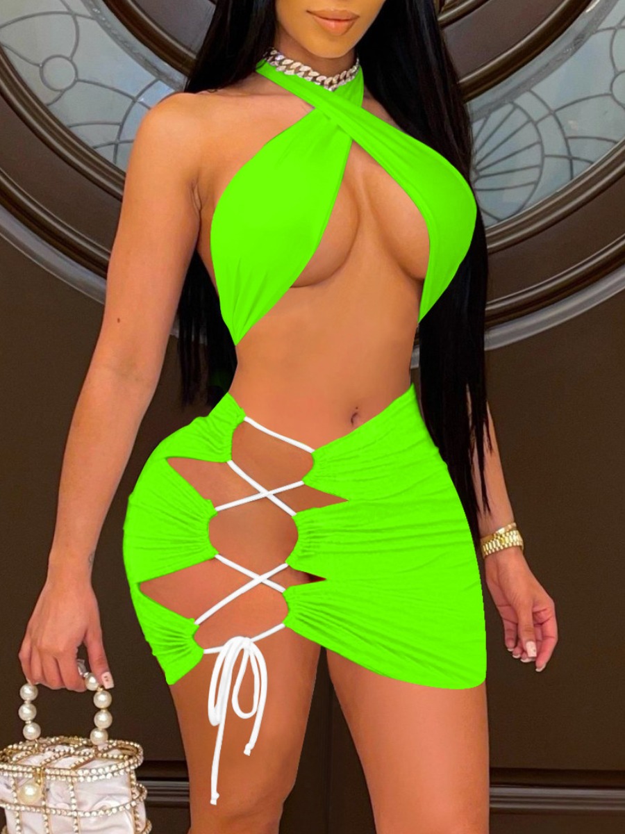 

Lovely Sexy Bandage Hollow-out Design Green Two Piece Skirt Set